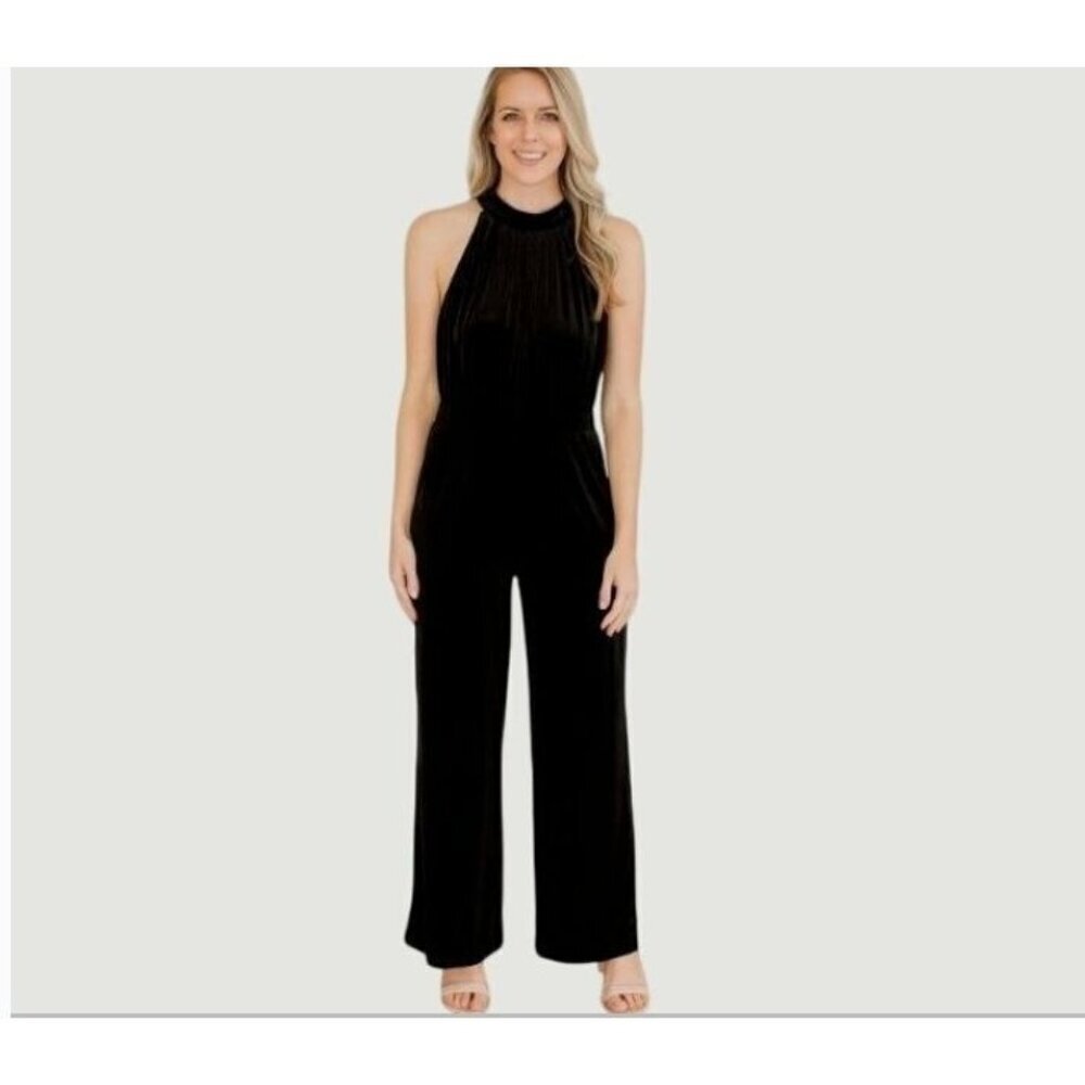NEW - A New Day Velvet Halter Jumpsuit Women's XS Black High Neck Wide Leg 1675